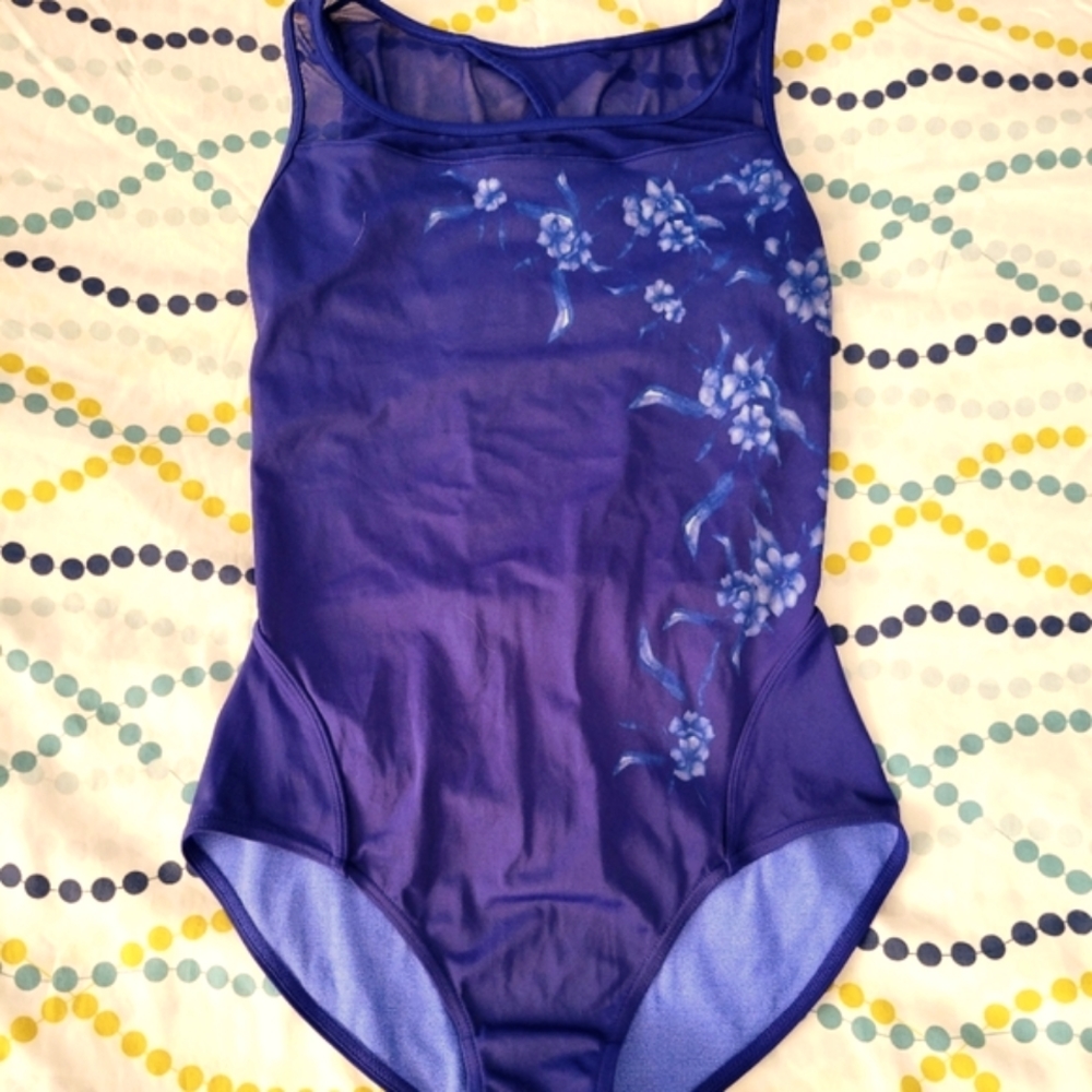Royal Blue leotard, with flower design, keyhole back with mesh Bloch M